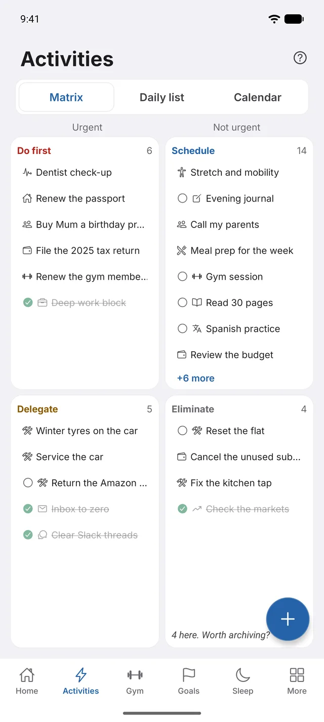 Axiome activities screen with the day's habits and tasks
