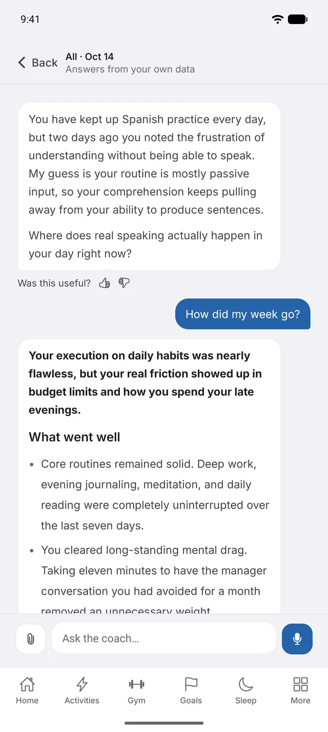 Axiome Coach conversation answering from the user's own logs