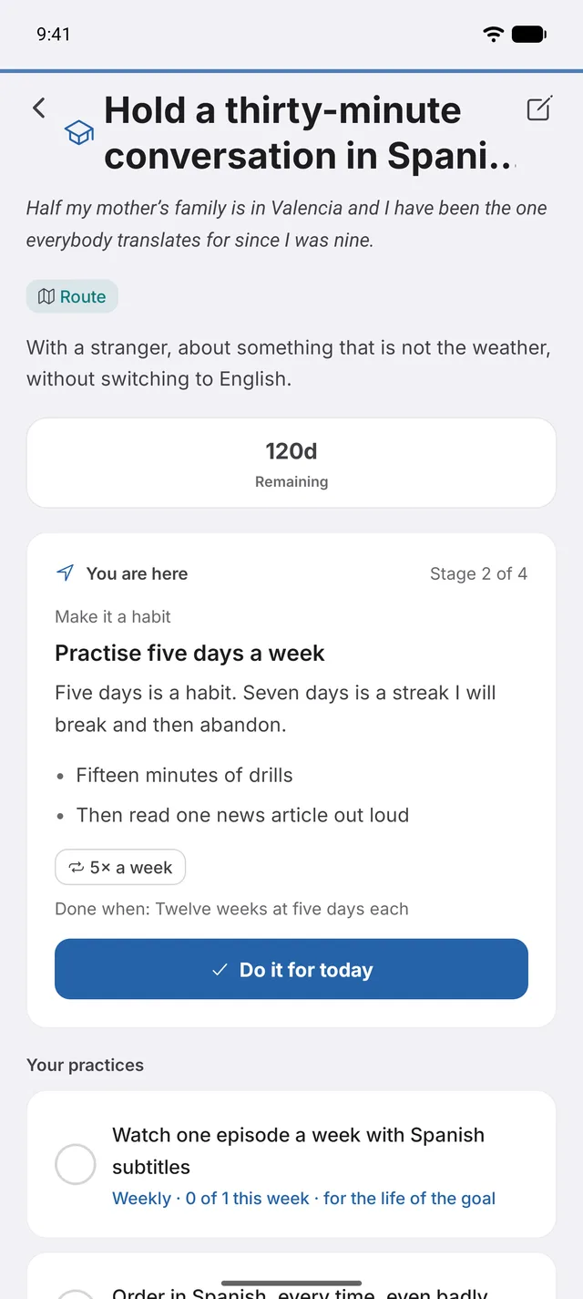 Axiome goals screen with milestones and next steps