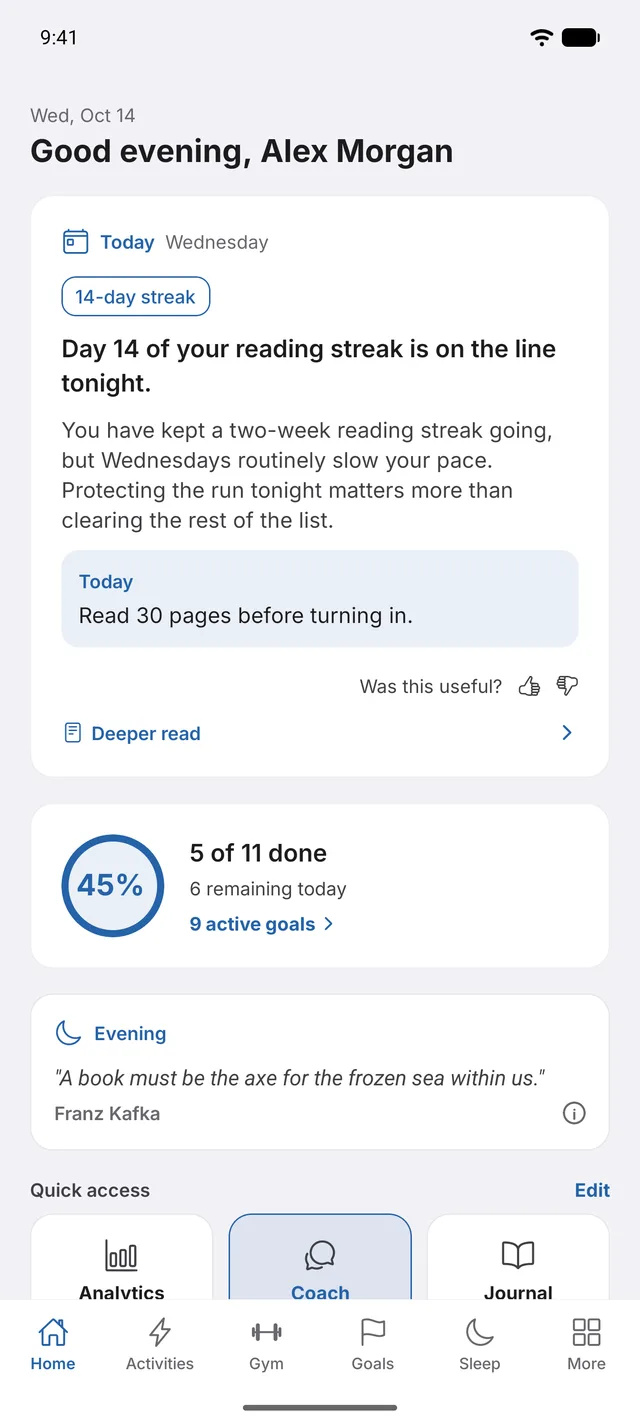 Axiome home screen with the morning brief, today's progress and quick access