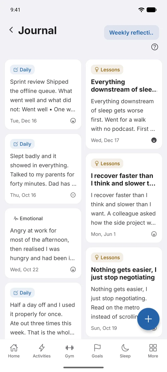Axiome journal with daily entries, lessons and a weekly reflection
